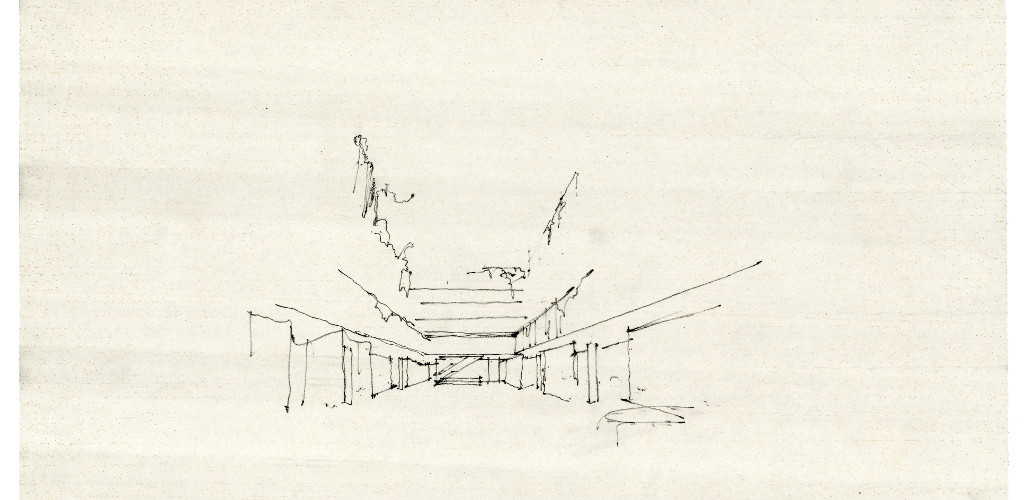 Alvar Aallon kilpailuehdotus ”Casa” voitti Rautatalon suunnittelukilpailun 1951. Perspektiiviluonnos ”Marmoripihasta”. © Alvar Aalto -säätiö, Alvar Aalto -museo.